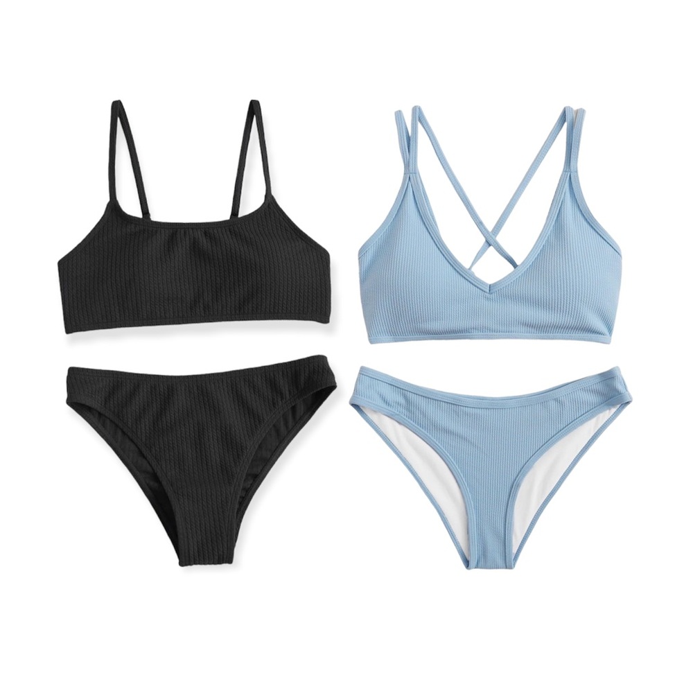 Shein Baby Blue Ribbed Criss Cross Back Bikini & Black Solid Bikini Set Size S